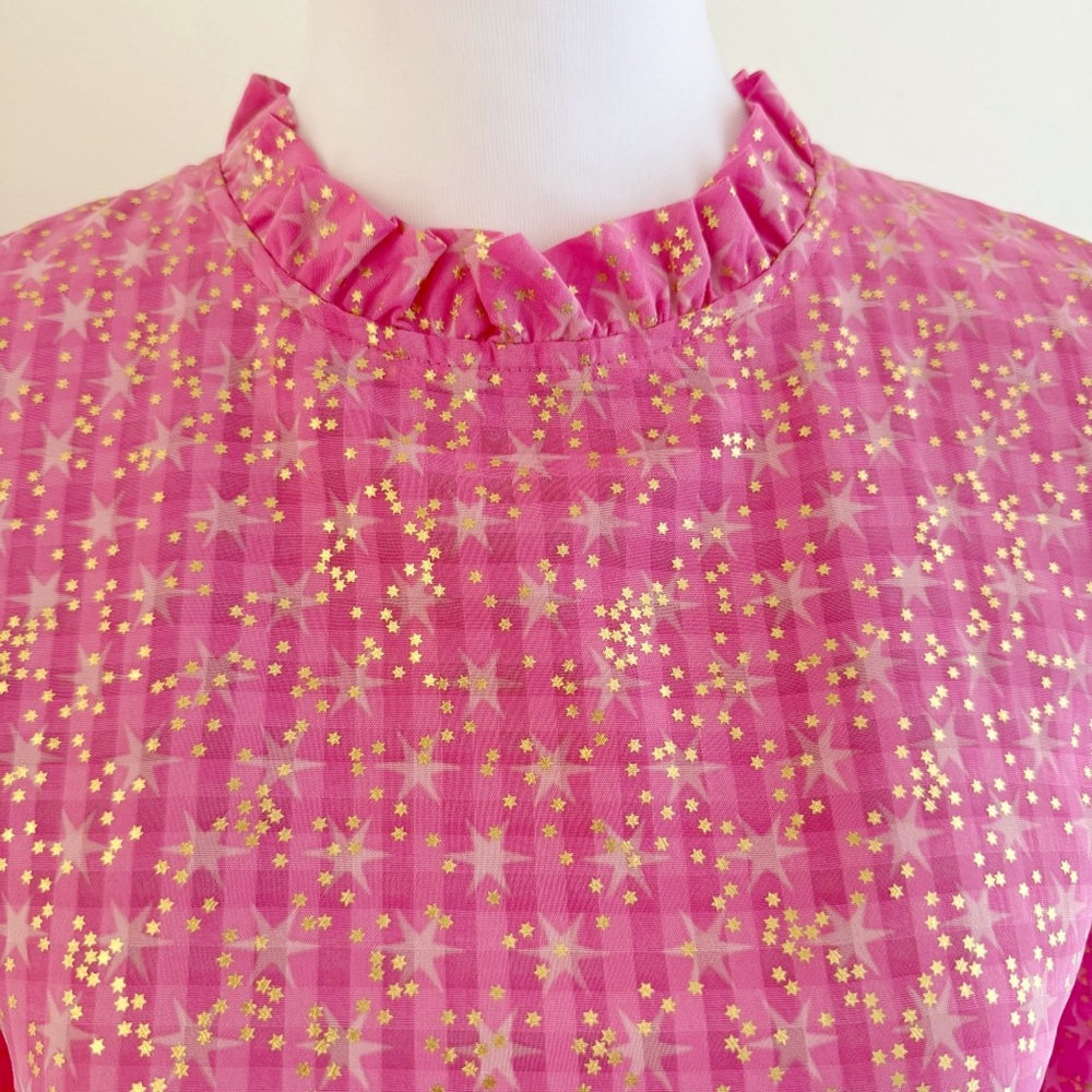 STINE GOYA PINK GOLD STAR PRINT SHIRLEY BACK SLIT OPENING RUFFLE PEPLUM TOP - Picture 5 of 13